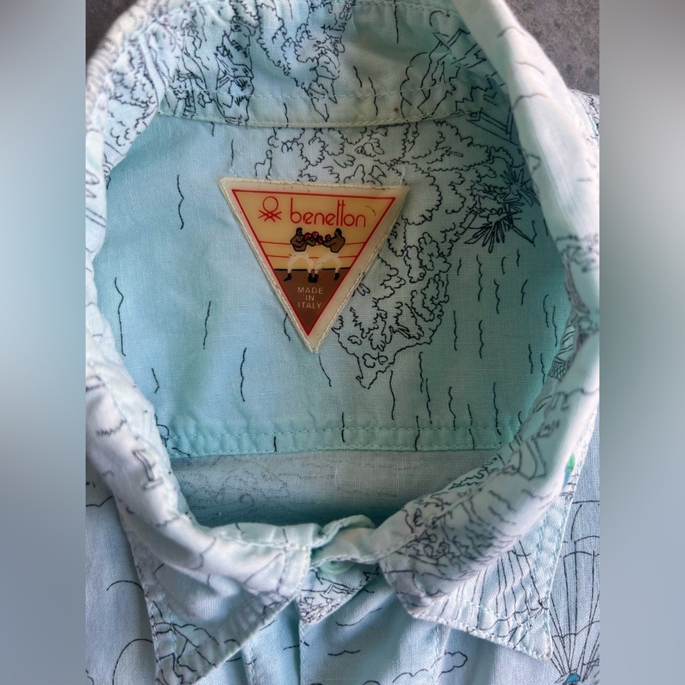Vintage 1980’s Benetton aqua blue map print button up shirt looks like a M/L - Picture 3 of 9